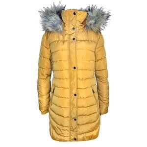 Long Padded Puffer Jacket with Faux Fur Hood